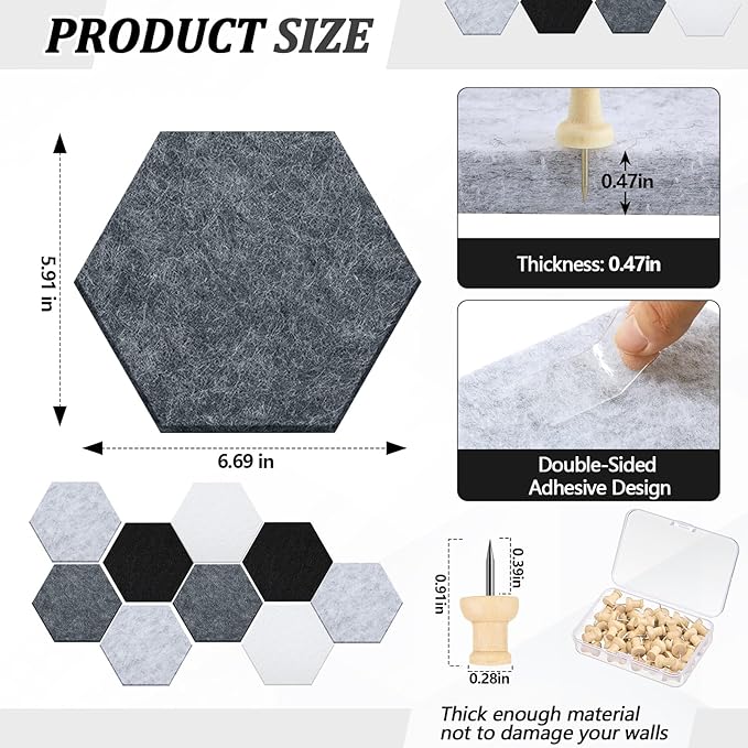 16 Pcs Hexagon Cork Board for Walls with 50 Wooden Push Pins 6.7 x 5.9 in Felt DIY Tiles Notice with Nano Tape Hanging Bulletin Board for Home Photo Office Memo Note(Grey)