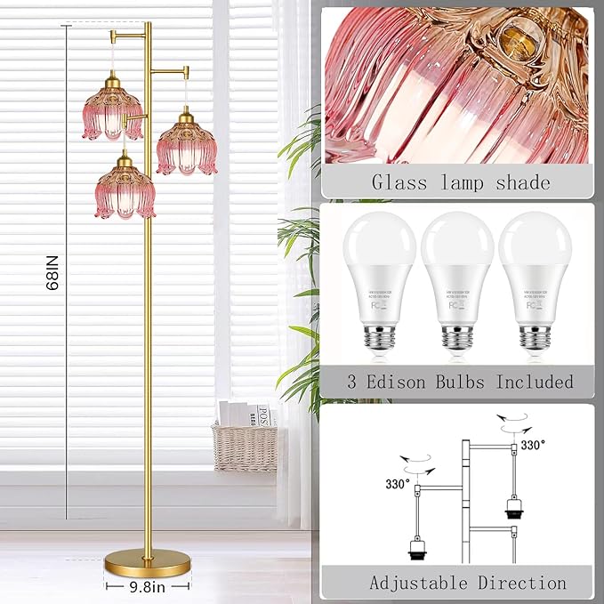 Pink Floor Lamp for Living Room,Bedroom,Gold Mid Century Modern Standing Lamp Brass Tree 3 Light Tall Floor Lamps Vintage Retro Floor Lights Glass Flower Lamp Shade Girls Kids Boho Bohemian