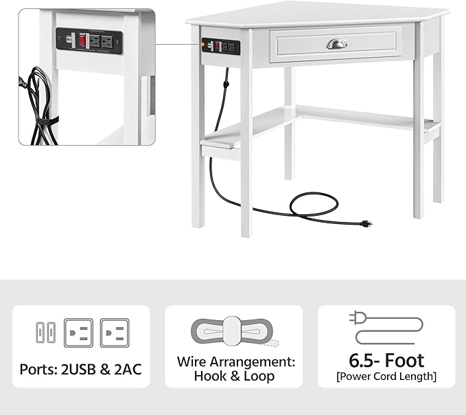 Yaheetech L Shaped Corner Computer Desk with Power Outlets, Reversible Triangle Workstation with USB Ports and Hook for Small Space, Modern Home Office Desk Gaming Table with Drawer & Shelf, White