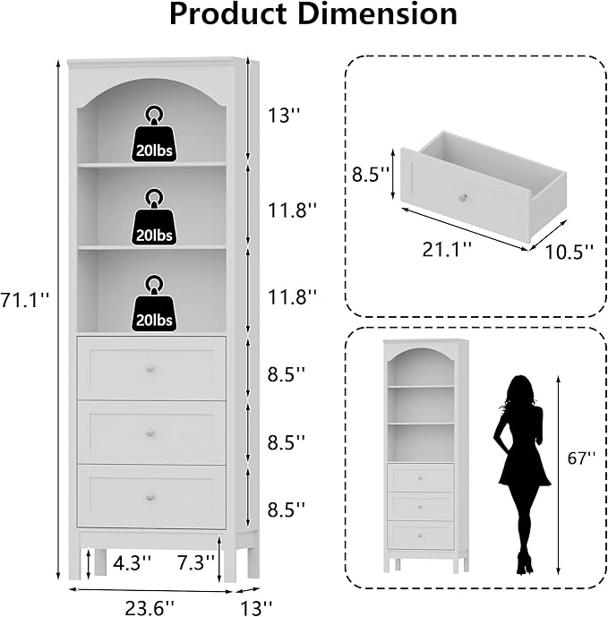 71" H Tall Bookshelf with Drawers, Farmhouse Book Shelf with 3-Tier Open Shelves, Wooden Bookcase with Storage Drawers, Freestanding Bookshelves for Bedroom, Living Room, White