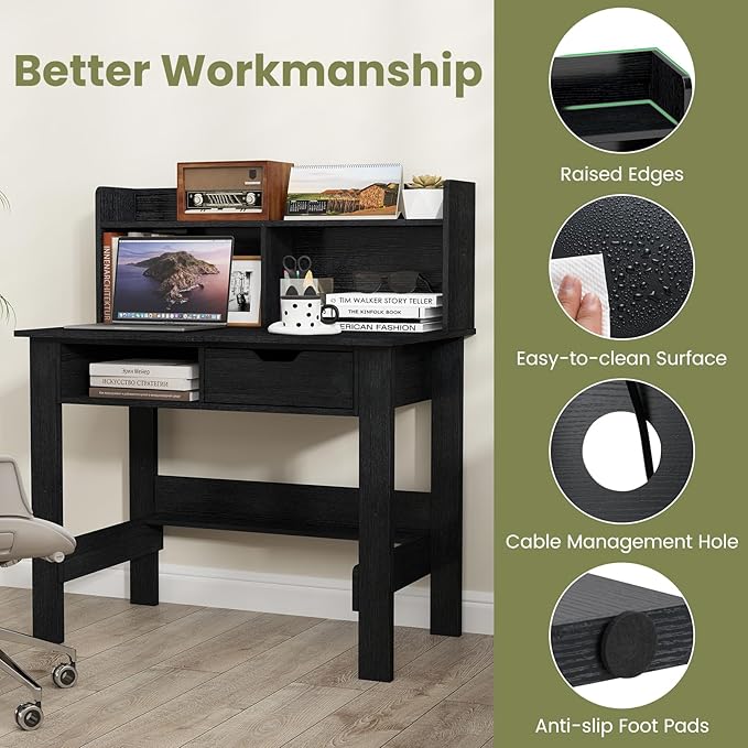 Giantex Computer Desk with Hutch, Home Office Desk with Power Outlets, USB Ports, Type-C, Storage Shelf & Drawer, Modern Laptop PC Table Computer Workstation, Study Writing Desk for Bedroom, Black