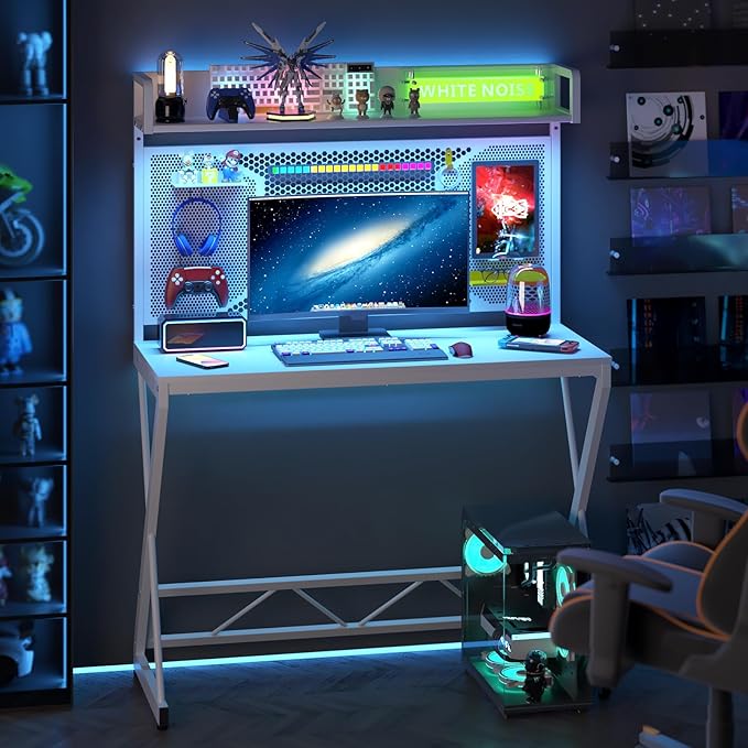 Elephance Small Gaming Desk with Pegboard, 39 Inch Computer Desk with Storage Shelves, Modern Office Desk for Study Work Home Office, Small Spaces, White