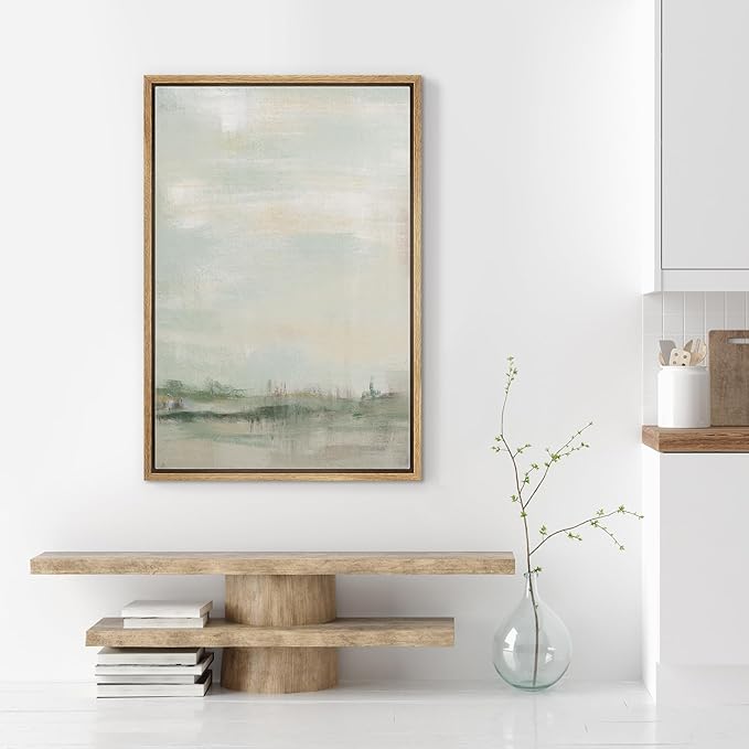 SIGNWIN Framed Canvas Print Wall Art Tan Green Pastel Landscape Shapes Abstract Illustrations Minimal Decorative Nordic Zen Bohemian for Living Room, Bedroom, Office - 16"x24" Natural