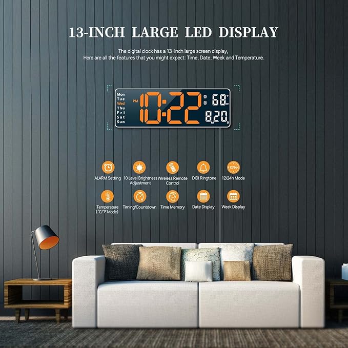 Digital Clock, Digital Wall Clock for Living Room Decor, Desk Alarm Clock for Bedroom, Large Wall Clock with Remote Control, Automatic Brightness Dimmer LED Clock with Date Temperature Week (Orange-W)