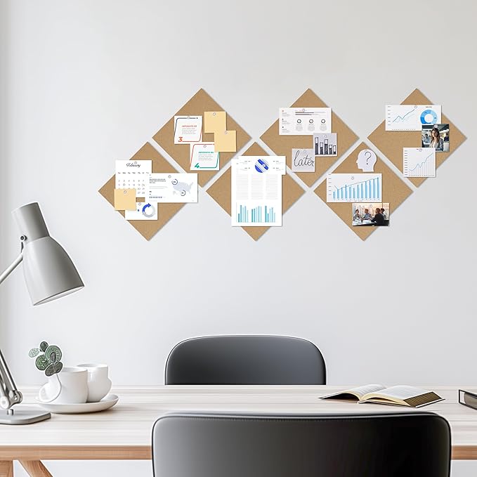 Cork Board Bulletin Board 12x12,1/2" Thick Cork Board Tiles 6 Pack, Self-Adhesive Small Square Pin Board for Walls, Corkboards for Office Home School Message/Vision Board Decoration.