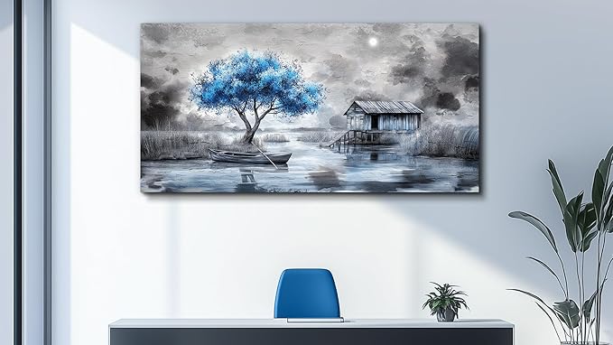 QIYILEXWART Large Wall Decor For Living Room Stretched And Framed Canvas Wall Art For Office Wall Decorations For Bedroom The Blue Tree Paintings The Hut Picture Artwork Home Decor Ready To Hang