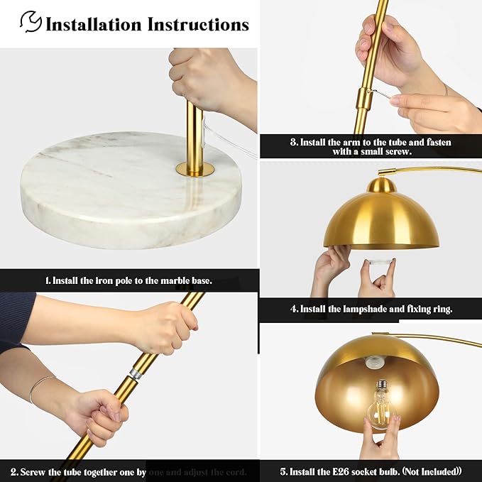 Contemporary Gold 73" Arc Floor Lamp with Hanging Dome Shade, Marble Base Adjustable Farmhouse Over the Couch Tall Stand Up Light, Industrial Task/Reading Standing Corner Lamp for Living Room Bedroom
