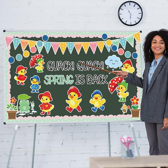 Quark Quark Spring is Back Bulletin Board Spring Bulletin Board Decorations Set Yellow Duck Rainbow Umbrella Clouds Flowers Cutouts Back to School Supplies for Classroom Home Office Wall Door Decor