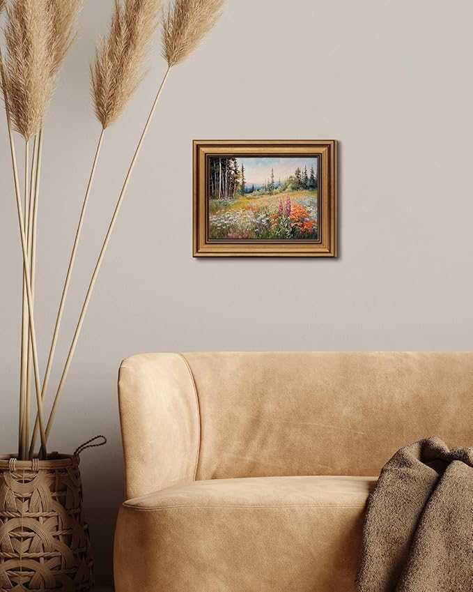 Gold Framed Wall Art Vintage Floral Canvas Wall Art Wildflower Field Rustic Landscape Sunset Sky Artwork Prints Picture for Living Room Bedroom Farmhouse Bathroom Office Decor, 8x10