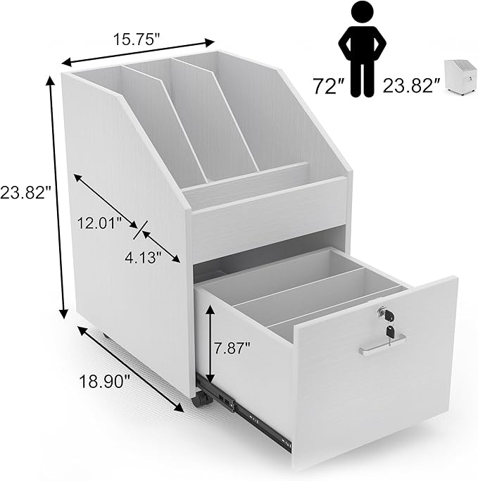 Mobile File Cabinet with Lock,Under Desk Rolling File Cabinets for Home Office,Wood Filing Cabinet (White)
