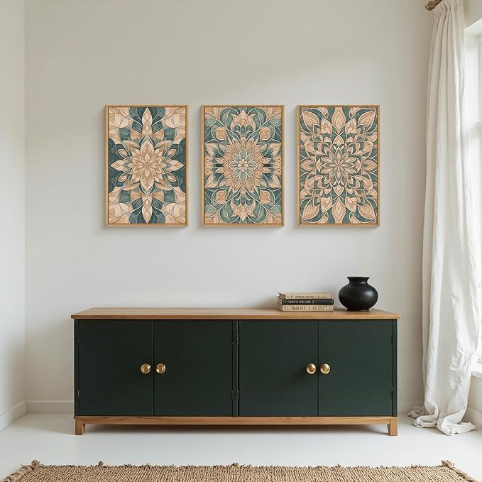HLNIUC Mandala Boho Framed Canvas Wall Art, Vintage Green Abstract Flower Decor, Scandinavian Botanical Artwork Set of 3(16x24), Southwestern Mexican Bohemian Prints for Living Room, Bedroom, Office