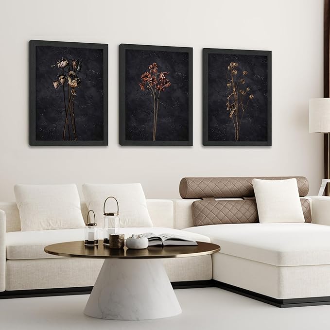 3 Piece Black Framed Dried Flower Wall Art Set Modern Minimalist Wall Decor For Living Room Bedroom Home Decoration Art Prints 12x16 Inches Wood Framed Easy to Hang