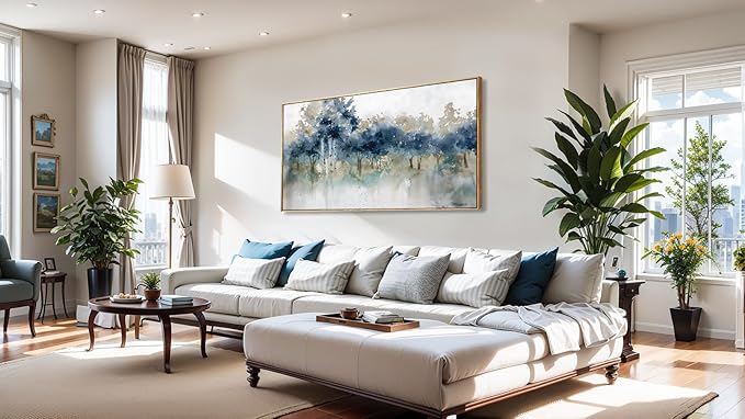 Wall Art Landscape Modern Wall Decor Canvas Painting Blue Ink Wall Art Large Artwork for Living Room Bedroom Office Home Decor 24"x48" with Framed