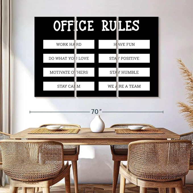 Elephant Stock - Office Rules Wall Art - Horizontal Multi Panel Canvas - 3 Piece Home Office Wall Decor - Digital Art Motivational Typography Multi Piece Wall Art - Black And White Decor by Cad Designs - 65" x 42"