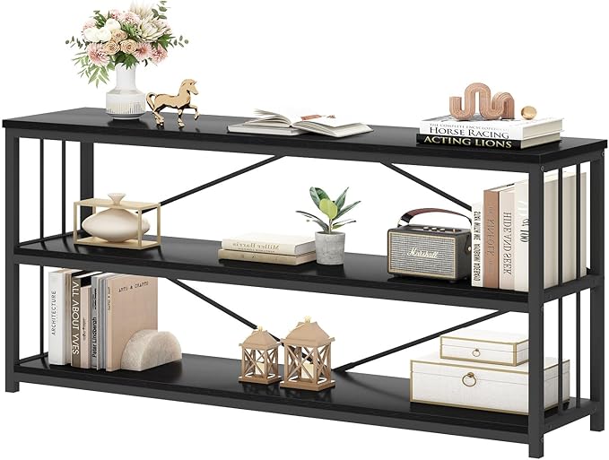 HSH Black Low Bookshelf, Wood Metal 3 Tier Long Horizontal Bookcase for Bedroom, Large Open Etagere Bookshelves with Storage for Home, Wide Under Window Book Shelf for Office Living Room, 70 Inch
