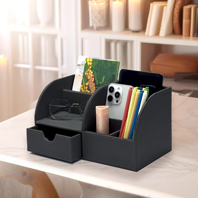 UnionBasic Desk Organizer - Multifunctional Leather Desktop Pen Holder Storage Box - Business Card/Pen/Pencil/Mobile Phone/Stationery Holder, Taiga Dark Gray