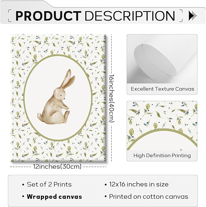 Vintage Nursery Wall Art Cute Goose Canvas Poster Bunny Wall Decor Baby Kids Poster Rabbit Duck Prints Cute Animal Pictures Pale Green Painting Artwork for Gallery Bedroom 12x16x2 Inch Ready to Hang