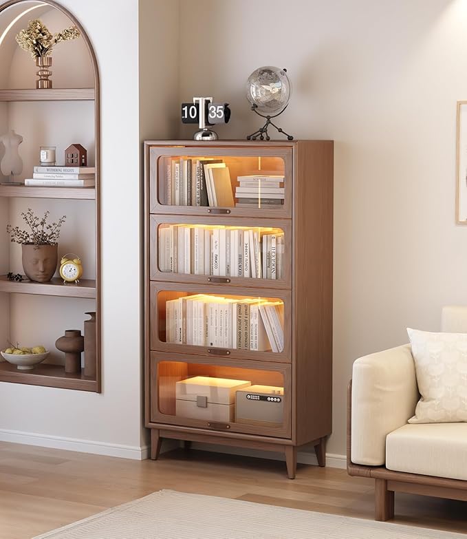 Solid Wood Bookcase 4 Tier Bookshelves with Tempered Glass Flip-Up Doors 60Hx12.5Dx32W" Brown Finish Cube Storage Organizer, Bookshelf Versatile Pantry Cabinet with Storage for Kitchen Home Office