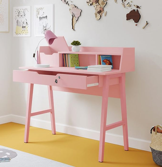 Modern Design Roma Small Desk for Bedroom, 40 inch Pink Writing Desk with Hutch and Locking Drawer, by Crafts and Comfort