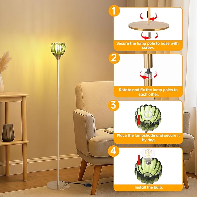 Floor Lamps for Living Room, Bedroom, Gold Standing Lamp with 12W Bulb, Vintage Floor Lamp for Reading, Nursery, Corner (Green Tulip)