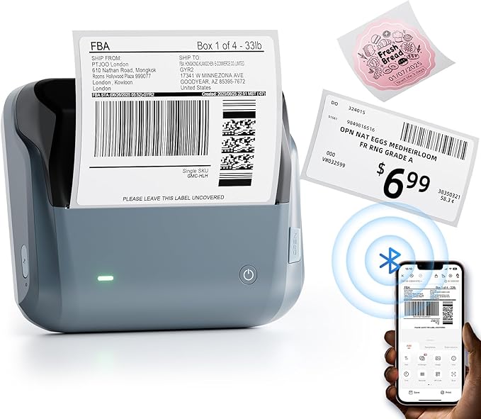 NIIMBOT 4 Inch Thermal Label Maker, B4 Bluetooth Label Printer for Shipping Packages, Small Business, Home, Office, Portable Sticker Maker with 1 Roll 3.94'' x3.94'' Label-75pcs/roll