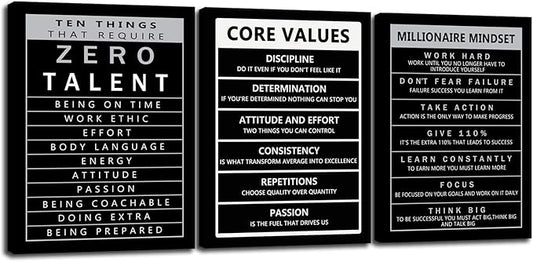 Inspirational 3 Pieces Millionaire Mindset Motivational Canvas Wall Art Inspirational Core Values Painting Poster Print Artwork Office Decoration Living room Frame Ready to Hang[36''Wx 16''H]