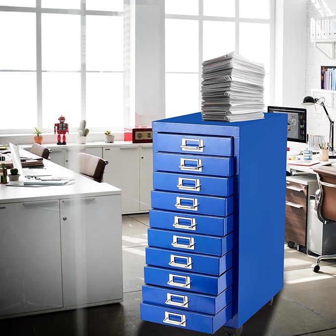 File Cabinet MINI 10 Tier Metal File Organizer Document Organizer with Wheel, White Color, for Home Office, Office Desk File (Blue)