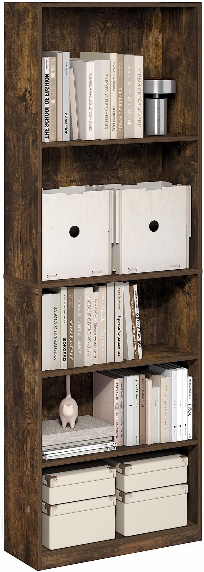 Furinno Jaya Book Shelf, 5-Tier Tall Book Shelf, Bookcase with Open Shelving, Standing Bookshelf, 9.5 x 24.6 x 71.1, for Organization and Storage, for Home Office, Living Room, Amber Pine