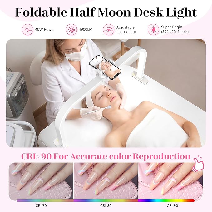 LIONVISON Half Moon Light for Nail Desk: 29" Larger Arch Nail Light for Nail Tech - Foldable Half Moon Nails Desk Lamp with Phone Holder for Home Salon - 3 Color Modes & 10 Brightness for Beginner