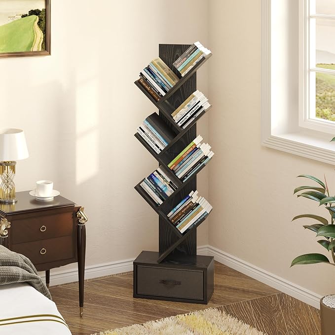 Rolanstar 7 Tier Bookshelf with Drawer, Tree Bookshelf, Small Bookshelves with Storage Rack for CDs/Movies/Books, Standing Book Shelf, Tall Narrow Bookcase for Living Room, Bedroom, Black