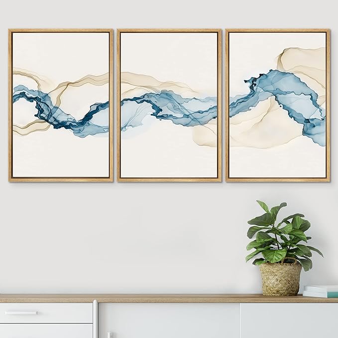 SIGNWIN Framed Canvas Print Wall Art Set Blue Tan Smoke Wave Landscape Abstract Shapes Illustrations Modern Art Decorative Contemporary Colorful for Living Room, Bedroom, Office - 24"x36"x3 Natural