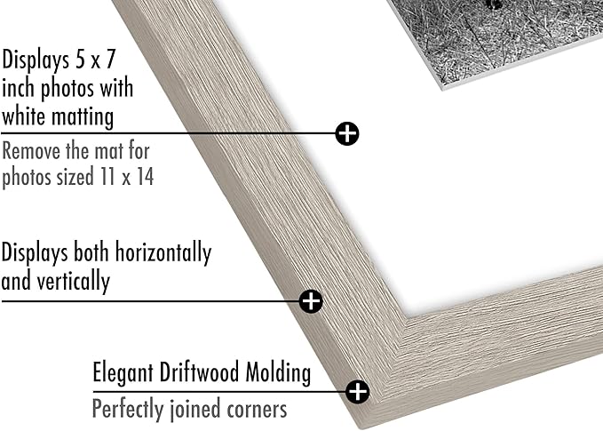 Americanflat 11x14 Picture Frame with Shatter-Resistant Glass - Use as 5x7 Frame with Mat or Display 11x14 Photo Without Mat - Signature Collection - Picture Frames for Wall Display - Driftwood