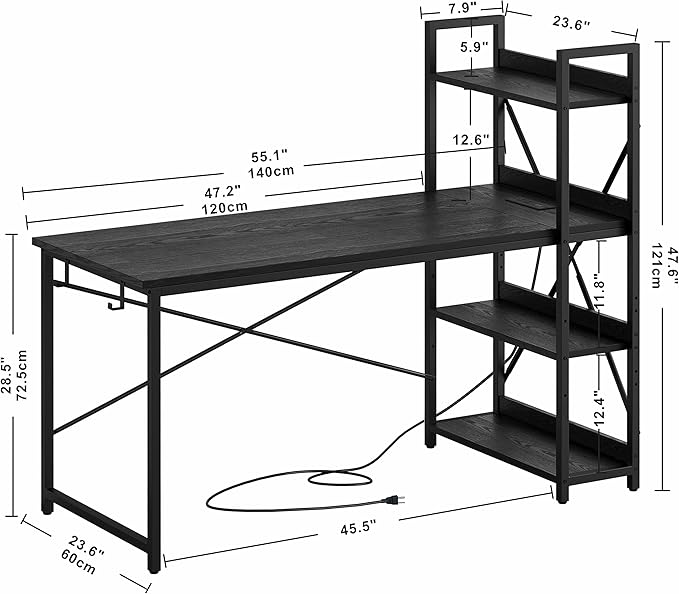 IRONCK Computer Desk 55" with Power Outlet and Storage Shelves, Study Writing Table with USB Ports Charging Station, PC Desk Workstation for Home Office, Black