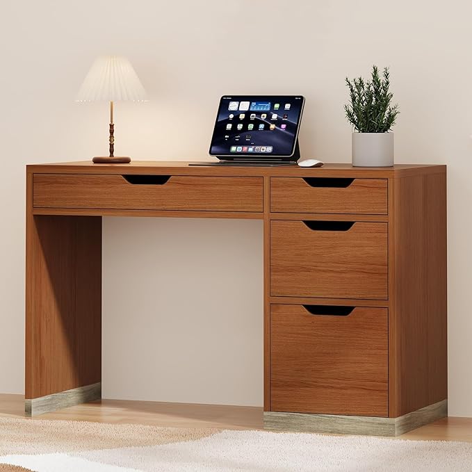 Small Computer Desk with Drawers, 48 Inch Home Office Desk with Storage for Bedroom, Wood Study Desk for Small Space, Writing, Brown