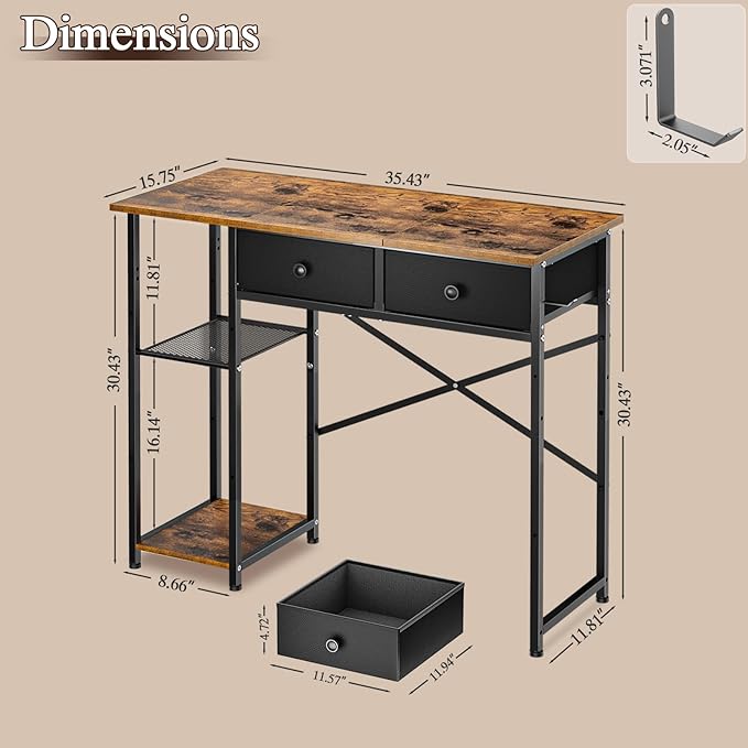 Small Computer Desk, 36 Inch Writing Desk with Drawers & Storage Shelves, Home Office Writing Desk for Small Spaces, Bedroom, Living Room, Dorm, Rustic Brown