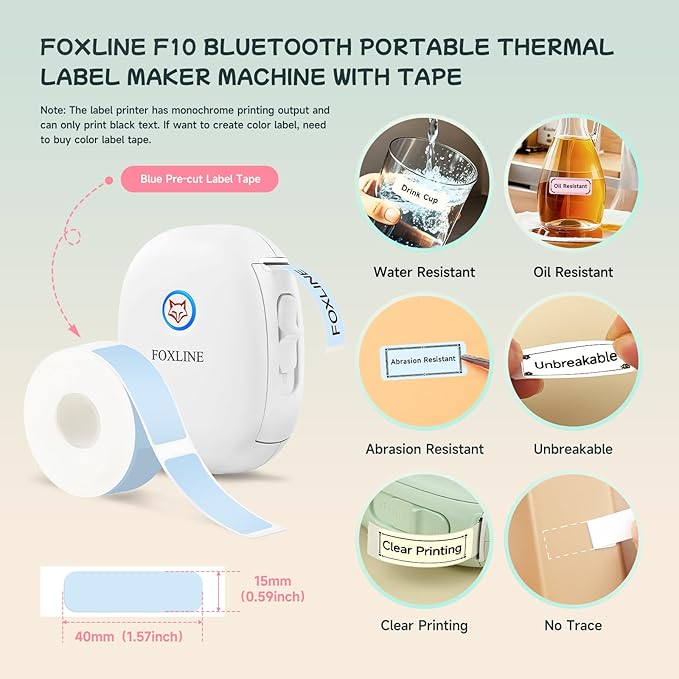 FOXLINE F10 Label Maker Machine with Blue Tape, Portable Bluetooth Thermal Mini Label Printer, Rechargeable Sticker Maker, Inkless Labeler for Home, School, Kitchen, Office Organization, White