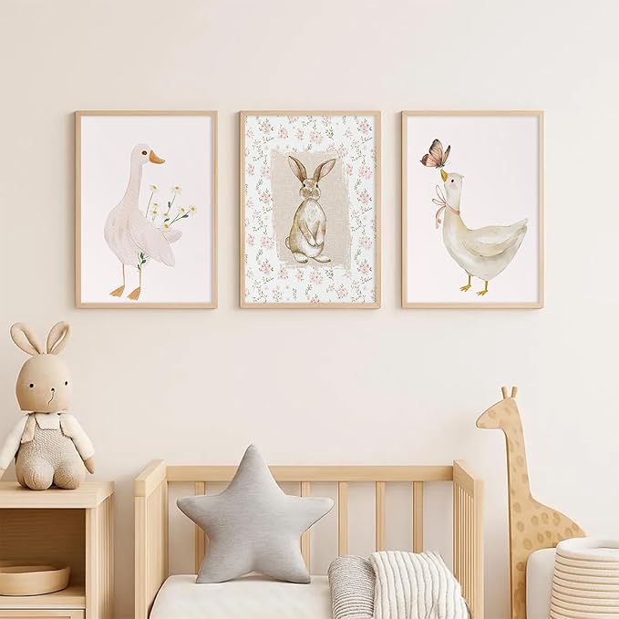 Vintage Nursery Wall Art Goose Canvas Poster Coquette Wall Decor Baby Girl Painting Kids Poster Bunny Rabbit Prints Cute Animal Pictures Duck Artwork for Bedroom Living Room 12x16x3 Inch Unframed