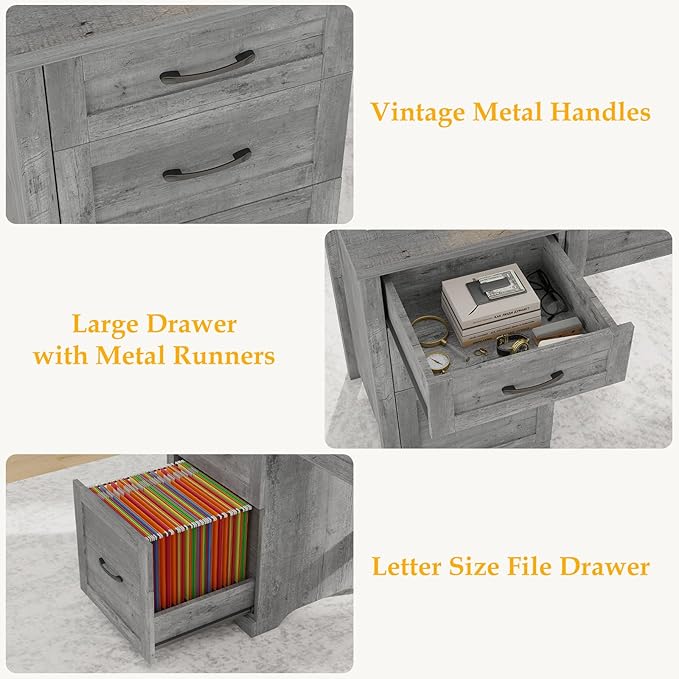 Farmhouse 47" Executive Desk with File Drawer, Wood Computer Desk with 3 Storage Drawers, Workstation for Home Office, Study, Writing(Grey)