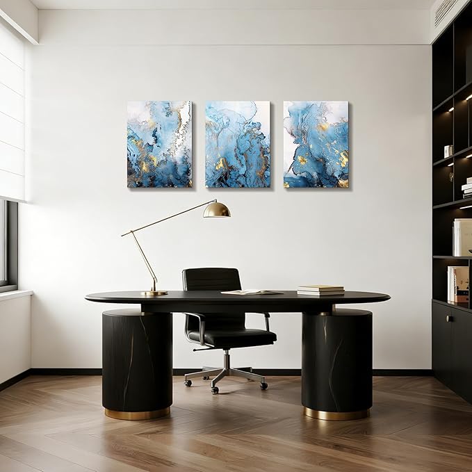 SERIMINO Blue Abstract Canvas Wall Art for Living Room, Navy and Gold Fluid Marble Wall Decor for Bedroom, Bathroom, Office, Home Decor, Set of 3 Print Painting, 12"X16"