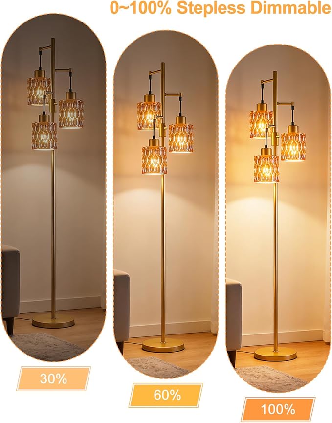 Lightdot 67" 3-Light Glass Floor Lamp for Living Room, Dimmable with Brown Glass Shade & E12 Bulbs Included, Mid Century Standing Tall Lamp for Bedroom/Sofa Beside/Corner Decor - Gold
