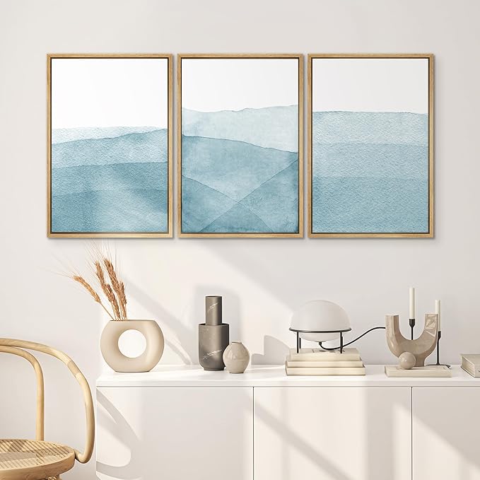SIGNWIN 3 Piece Framed Canvas Wall Art Blue Wash Brushstroke Watercolor Nature Wilderness Illustrations Abstract Traditional Home Artwork Decoration for Living Room,Bedroom - 24"x36"x3 Natural