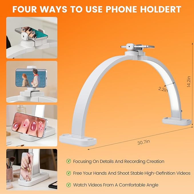 Half Moon Light for Nail Desk: 29" Half Moon Nail Tech Light with Phone Holder -Foldable Shadow-Free Arch Nail Table Lamp with with 3 Color Modes & 10 Brightness for Manicure Salon (White, 29 inch)