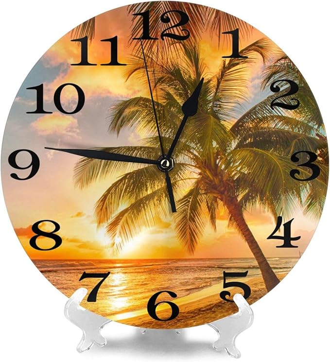 Palm Tree and Sea Beach Wall Clock Battery Operated Silent Round Clock Sunset Landscape Wall Decor for Home, Office, School 9.8 Inch