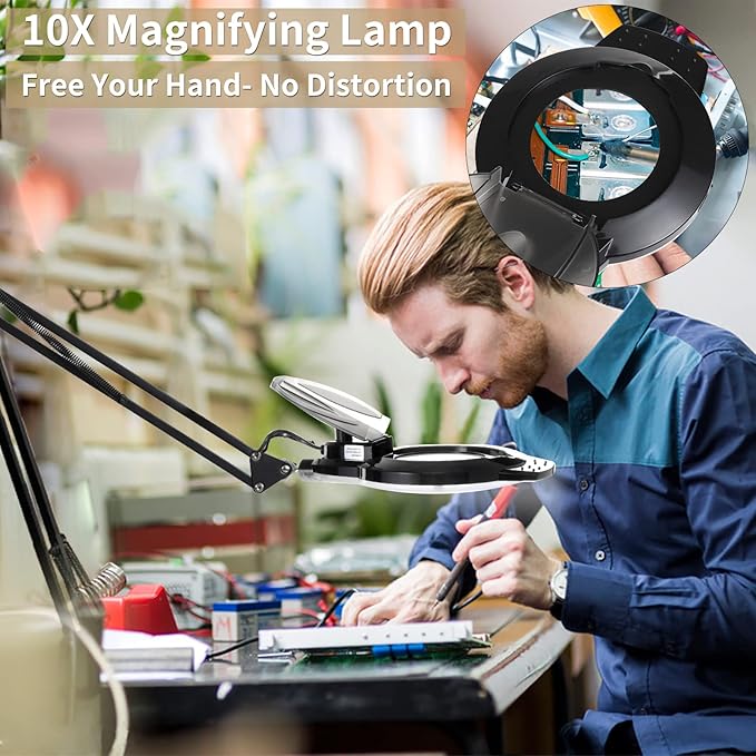 10X LED Magnifying Lamp with Clamp, KIRKAS 2,200 Lumens Dimmable Super Bright Daylight Magnifying Glass with Light, Adjustable Swivel Arm Lighted Magnifier Lamp for Reading Repair Crafts- Black