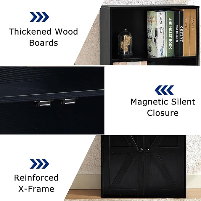Black 5-Tier Bookshelves for Living Room, Farmhouse Tall Bookcase with Doors, Wooden Bookshelf with Storage Cabinet and Shelves for Living Room, Home Office