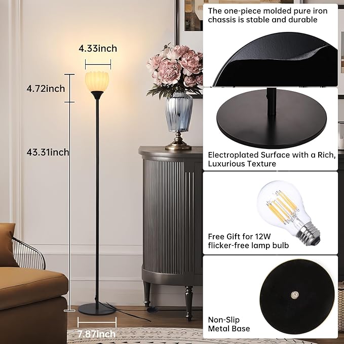 Floor Lamps for Living Room, Bedroom, Black Standing Lamp with 12W Bulb, Vintage Floor Lamp for Reading, Nursery, Corner (White Tulip)