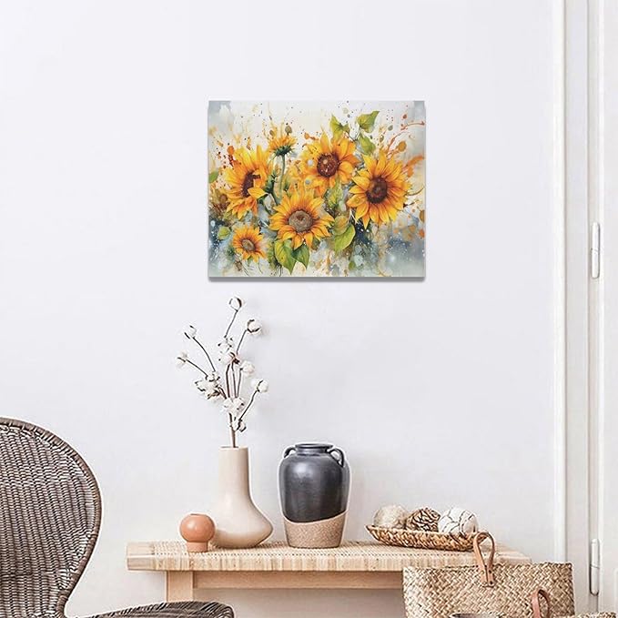 yerretin Sunflower Wall Art Watercolor Pictures Wall Decor Rustic Sunflower Canvas Farmhouse Print Artwork Home Decorations for Living Room Bedroom Bathroom Office Framed 20"x16"