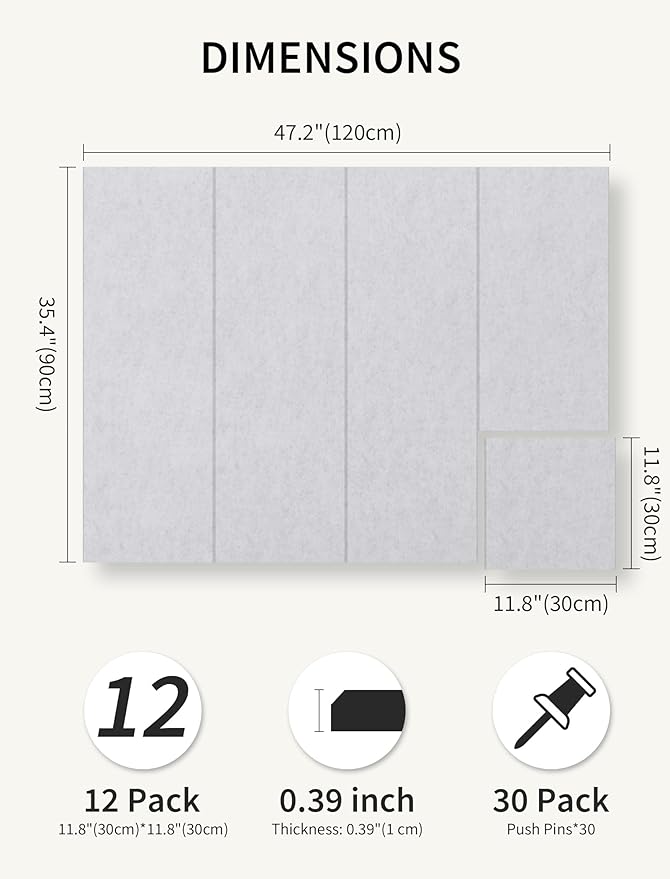 Large Bulletin Board 48"x36" Cork Boards for Walls, 12 Pack Felt Wall Panels Photo Board, Cork Board for Office Home Pin Board