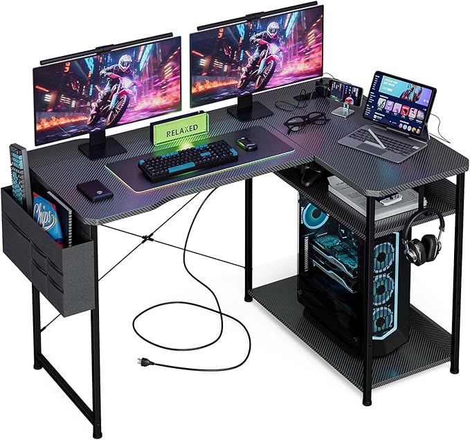 L Shaped Gaming Desk 48 Inch - Computer Corner Desk with Power Outlets, Reversible Shelves & Storage Bag for Home Office, PC Gaming Table, Black Carbon