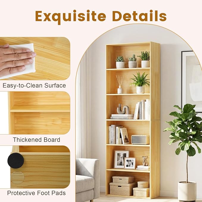 Tangkula 6-Tier Bookcase, 70” Tall Freestanding Bookshelf with 6 Open Shelves, Anti-Toppling Kits, Floor Display Storage Organizer for Living Room, Study, Kitchen, Home & Office (Burlywood, 70" H)